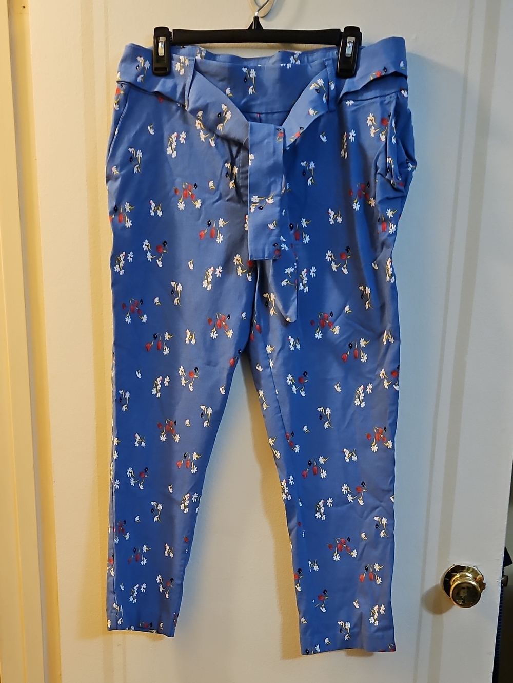Jules & Leopold Stretch Fabric Blue Floral Tie-Waist Pants, Size Large
